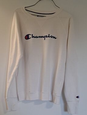 Champion Cream Crewneck with Navy and Red Logo